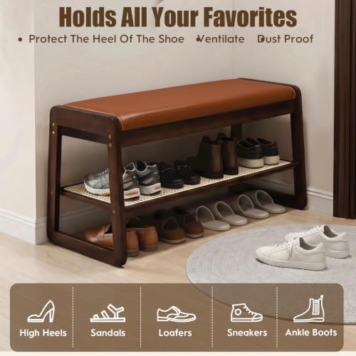 Shoe Rack Bench, 2-Tier Bamboo Entryway Bench 27.5"L, Orange Leather - Image 4
