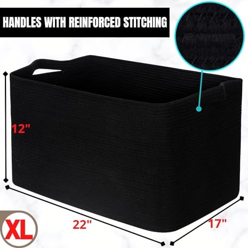 MINTWOOD Design 22in Extra Large Blanket Basket Holder Living Room, Rectangle Rope Woven Storage Basket with Handles for Laundry, Pool Towels, and Shoes, Dog Toy Organizer Bin Box, Full Black - Image 7