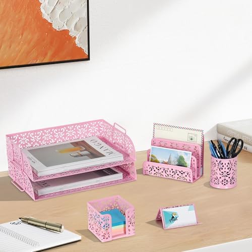 EasyPAG Desk Organizers and Accessories 5 Pieces Office Supplies Set - 2 Tier Paper Tray, Pencil Organizer for Desk, Mail Sorter Countertop, Business Card Holder and Sticky Note Holder, Pink - Image 6