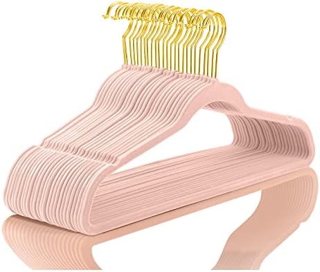 MIZGI Premium Velvet Hangers (Pack of 50) Heavyduty - Non Slip - Velvet Suit Hangers Blush Pink - Gold Hooks,Space Saving Clothes Hangers Felt Organizer by MIZGI