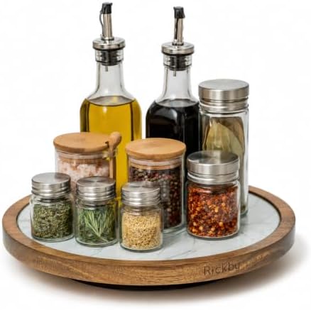 Rickby, 12" Premium Acacia Wood Lazy Susan Turntable for Table Top with Removable Marble Texture Glass Plate, Wooden Lazy Susan for Dining Table Centerpiece & Kitchen Countertop by Rickby