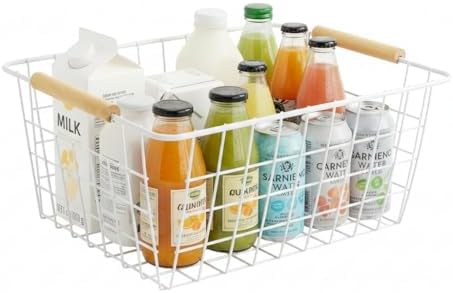 4 Pack White Metal Wire Food Storage Basket Organizer with Wooden Handles for Organizing Kitchen Cabinets Large - Image 6