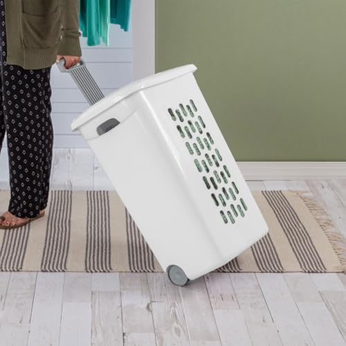 Sterilite 9-Pack Ultra Wheeled Hamper, Laundry Basket w/Flip-Top Lid & Retractable Handle - Plastic Rolling Clothes Storage Cart with Ventilated Holes for Home, Apartment or Dorm - Image 6