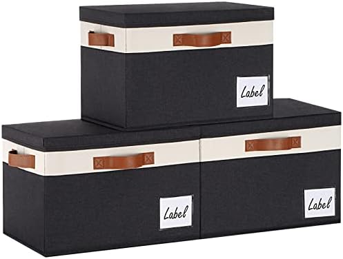 Large Storage Bins with Lids, Foldable Fabric Storage Baskets with Lids, Sturdy Storage Boxes with Labels and 3 PU Handles for Closet Home Bedroom Office (3 Packs, Black&White) by PFFVRP
