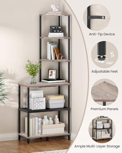 CHOEZON 6-Tier Corner Shelf, Industrial Corner Bookshelf with Desk Top, Diamond-Shaped Storage Shelves, Display Stand for Small Spaces, Living Room, Home Office, Foyer, Greige and Black TCJ70BG - Image 4