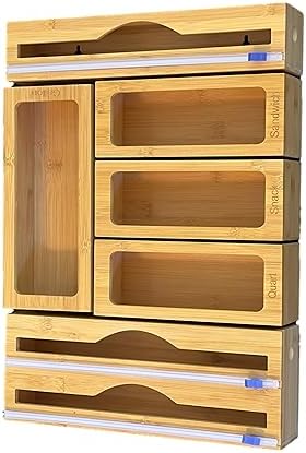 Incredinest Bamboo Drawer Organizer Bag Holder – Modular Design Zip Lock Bag Organizer Plastic Wrap Dispenser with Cutter – Baggie Organizer for Drawer with Single and Double Wrap Dispenser by Unknown