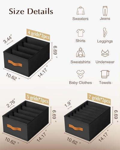 DIMJ Wardrobe Clothes Organizer - 4/5/7 Grids Foldable Closet Drawer Organizer Dividers for Jeans, Pants, Sweater, T Shirt, Storage Bins with Handles for Shelf - Image 4