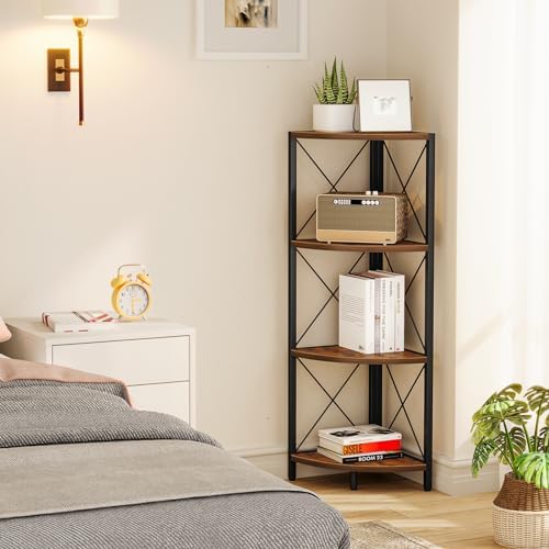 Snughome Rustic Corner Shelf Stand for Desktop, 4 Tier Corner Storage Plant Shelf, Freestanding Corner Shelf Display Rack, Multi-Unit Organizer for Living Room, Home Office, Small Space，Rustic Brown - Image 2