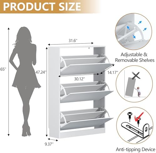 Wodeer Narrow White Shoe Cabinet for Entryway, Slim Shoe Storage Cabinet with 3 Flip Drawers, Hidden Wood Shoe Cabinet Storage, Freestanding Shoe Rack Organizer Foyer, Hallway - Image 2