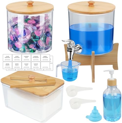 Laundry Room Organization Set 12, Laundry Pods Container & Dryer Sheet Holder with Lids & Labels, Liquid Laundry Detergent Dispenser, Fabric Softener Dispenser for Detergent Powder Dryer Balls Beads by Ecopandy
