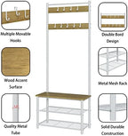 Hall Tree with Bench and Shoe Storage, 3-in-1 Coat Rack Shoe Bench, Freestanding Wooden Coat Rack with Metal Frame, 3-Tier Storage Shelf and 9 Removable Hooks, White/Walnut - Image 5