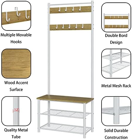 Hall Tree with Bench and Shoe Storage, 3-in-1 Coat Rack Shoe Bench, Freestanding Wooden Coat Rack with Metal Frame, 3-Tier Storage Shelf and 9 Removable Hooks, White/Walnut - Image 5