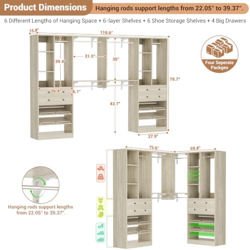 Besiost Closet System - 120"/10FT, 151.2"/12.6FT Closet System with Drawers, Built-in Closet Organizer System with Reversible Hanging Shelving and Hanging Rods, Greige Oak Set of 2 - Image 5