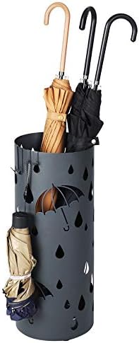 SONGMICS Umbrella Stand, Metal Umbrella Holder for Entryway, with Water Tray and 4 Hooks, 7.7 x 7.7 x 19.3 Inches, Round, Anthracite Gray ULUC23AG by SONGMICSbySONGMICSHOME