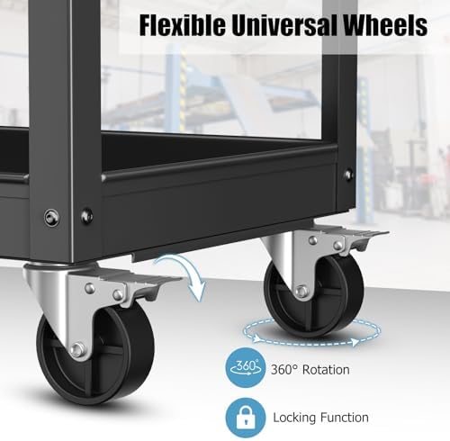Goplus 3-Layer Service Utility Cart, Heavy Duty Unity Cart with Flat Handle, 2 Lockable Universal Wheel, 400 lbs Capacity, Rolling Tool Cart for Garage, Kitchen, Hotel, Office, Workshop Black - Image 2
