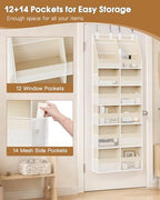Criusia Over the Door Organizer, Extra Large 12 Compartments Closet Hanging Storage with 14 Mesh Pockets, 85lbs Capacity Behind the Door Storage for Baby Nursery, Bathroom, Bedroom, and Dorm, Beige - Image 5