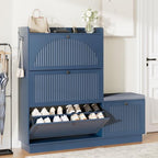 Shoe Cabinet with Bench, 4‑Flip Drawer Fluted Shoe Storage Cabinet with Removable Adjustable Shelves, Side Hooks & Anti‑Tip Device, Freestanding Entryway Shoe Organizer for Hallway, Blue by Pekdi