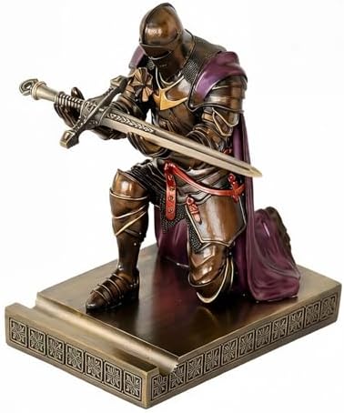 Medieval Armored Knight Pen Holder Figurine Paperweight Phone Stand Brn&Pur by Amoysanli