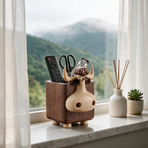 Wood Pencil Holder Cute Pen Holder Bull Desk Organizer Makeup Brush Holder - Image 4