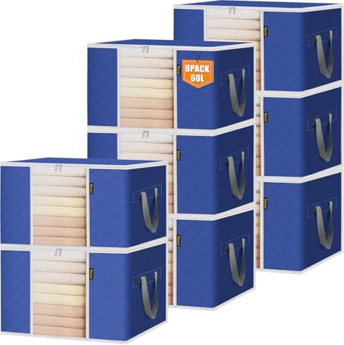 BALEINE 8 Pack Clothes Storage Bags, 16 Gallon Storage Containers with Reinforced Handle, Sturdy Zipper, Closet Organizer for Blanket, Comforter, Pillow, Bedding (Blue, 8 Pack) by BALEINE