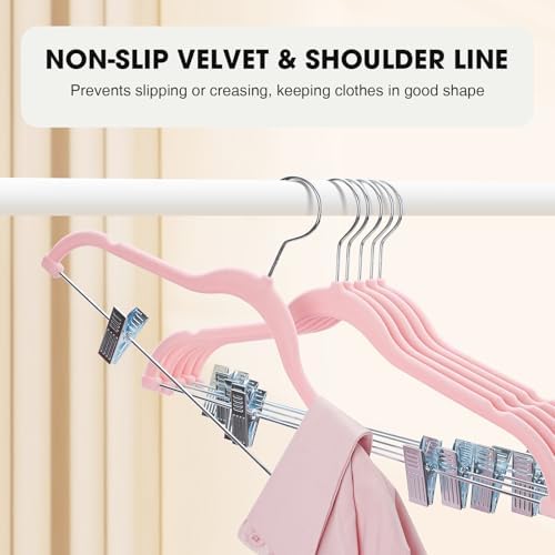 24-Pack Blush Pink Velvet Hangers with Clips Adjustable,Adult Hangers,Heavy-Duty,Felt,Non-Slip,Space Saving,Slim Outfit Hanger for Pants, Skirts, Suits,Coats, Dresses ect. - Image 4