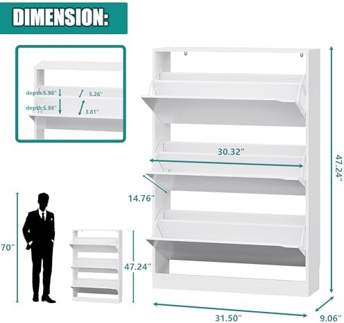 Xixini Shoe Storage Cabinet for Entryway with 3 Flip Drawers, Sturdy Wood Hidden Shoe Storage, Freestanding Narrow Slim Shoe Organizer for Front Door Entrance, Living Room, Hallway, Bedroom, White - Image 2