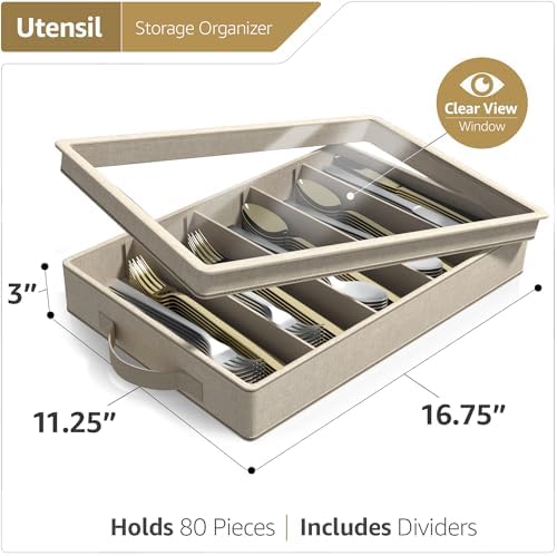 Sorbus Flatware Storage Box, Clear Silverware Organizer with Lid (Beige) - Image 2
