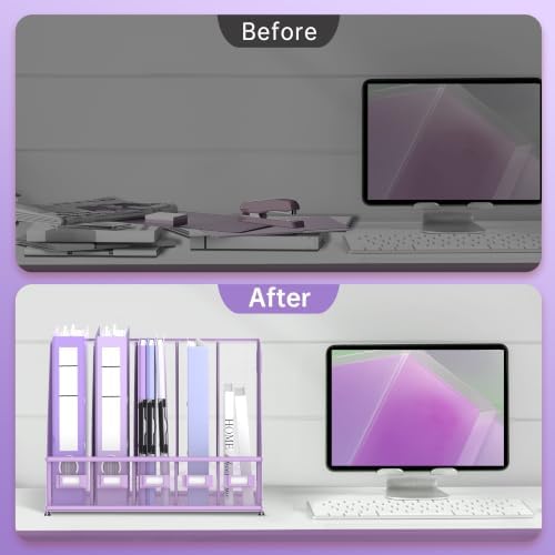 5 Vertical Compartments Magazine Holder, Metal Binder Organizer, Purple - Image 7