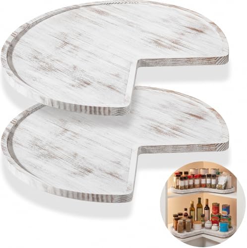 Leinuosen 2 Pcs 24in/28in/32in Banded Pine Wood Full Kidney Shaped Lazy Susan for Corner Base Cabinets with Iron Swivel Bearing for Kitchen Turntables, Not Include Metal Rod(28 Inch,White) by Leinuosen