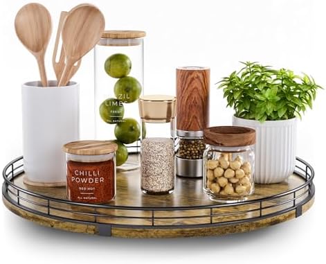 Lazy Susan Turntable Organizer for Table Top, 16’’ Round Wooden Lazy Susan for Cabinet Kitchen Countertop Pantry Dining Coffee Table for Condiments Spices, Rustic Bathroom Vanity Tray for Soap Candle by HGF