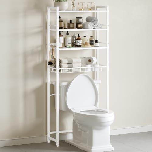 Over The Toilet Storage Shelf, 4-Tier Bathroom Organizer with Basket & Hooks, Sturdy Space Saver for Small Bathrooms, White by Unknown