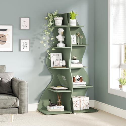 Tribesigns Corner Shelf, Modern 5-Tier Wall Corner Bookshelf, Stylish Corner Small Bookcase Storage Rack Plant Stand with Unique Shape for Living Room, Home Office (Sage Green, 1PC) - Image 4