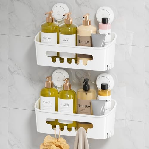 LEVERLOC Shower Caddy Suction Cup 2 Pack, Shower Organizer Removable Bathroom Shelf, Storage Suction Powerful Max Hold 22lbs Bathroom Caddy Waterproof Holder, White by LEVERLOC