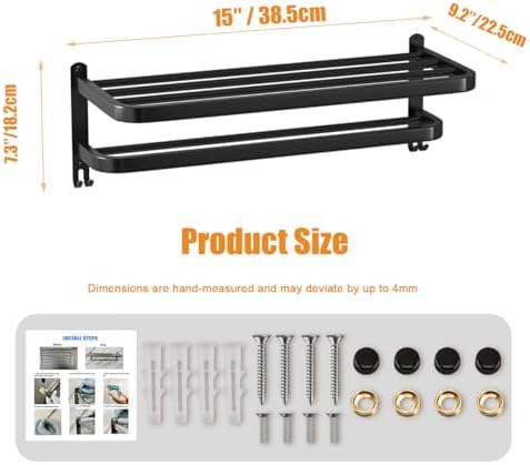15 Inch Black Towel Racks for Bathroom Towel Shelf with Double Towel Bars Lavatory Wall Mount Holder with Hooks Stainless Steel Hotel Bath Rack (Matte Black) - Image 2