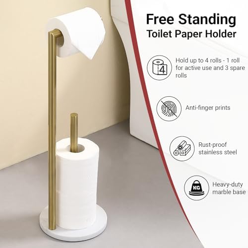 Hoooh Free Standing Toilet Paper Holder with Marble Base, Brushed Gold - Image 4