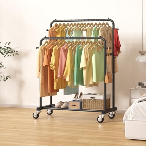 Laiensia Double Rods Garment Rack with Wheels, Clothing Rack for Hanging Clothes,4 Hooks, Multi-functional Bedroom Clothes Rack, Black - Image 3