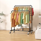 Laiensia Double Rods Garment Rack with Wheels, Clothing Rack for Hanging Clothes,4 Hooks, Multi-functional Bedroom Clothes Rack, Black - Image 3