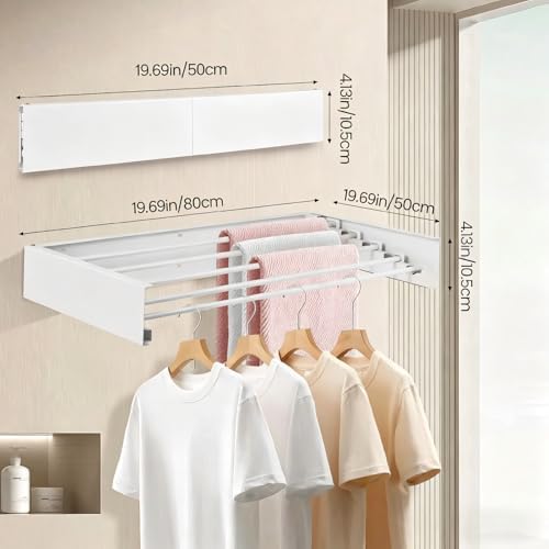 Wall Mounted Laundry Drying Rack, Carbon Steel Foldable & Retractable Clothes Drying Rack, Space Saving Adjustable Towel Holder for Bathroom, Laundry, Small Spaces (1, White, 50cm) - Image 2