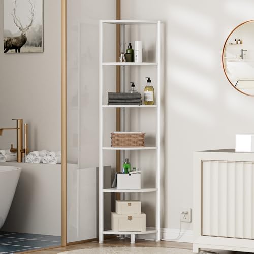 Furnulem 6 Tier Corner Shelf with LED Light, 67.5" White Narrow Bookshelf - Image 4