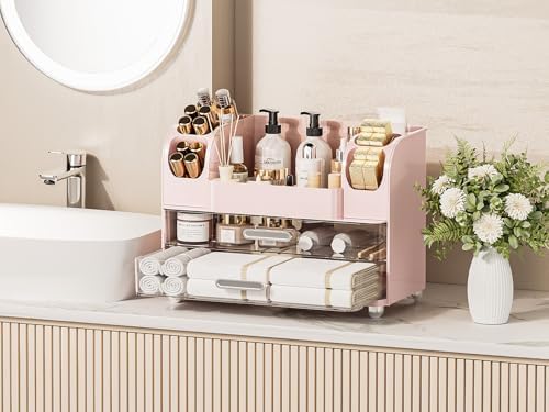 Delamu Large Makeup Organizer Countertop with 6 Brush Holders, Pink - Image 5