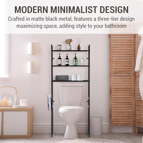 MyGift 3 Tier Over The Toilet Storage, Freestanding Bathroom Organizer Shelf, Above Toilet Rack with Removable Magazine Holder Basket, Black Metal Cabinet for Laundry Space Saver, 26.4x7.8x63.6 Inch - Image 2