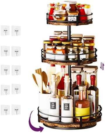 Heavy-Duty 3-Tier Lazy Susan Organizer, Adjustable to Different Heights, Countertop Spice Rack, Upgraded Thickened Wooden Board, Suitable for Seasoning Organizer, Kitchen Organization（2 Pack） by CasaDolce