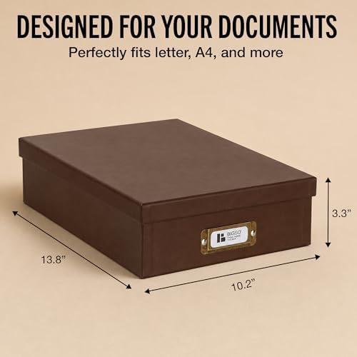 Bigso Oskar Fiberboard Document Storage Box with Lid for A4 and Letter Size Papers - Stylish, Sturdy, and Stackable Keepsake Box with Label Holder - W10.2in x D13.8in x H3.3in - Recycled Leather - Image 4