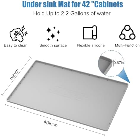 Under Sink Mat for Kitchen Waterproof, 40" x 19" Silicone Under Sink Liner Kitchen & Bathroom Cabinet Protector Mats, Heavy Duty Flexible Under Sink Drip Tray with Lip, Cool Grey - Image 3