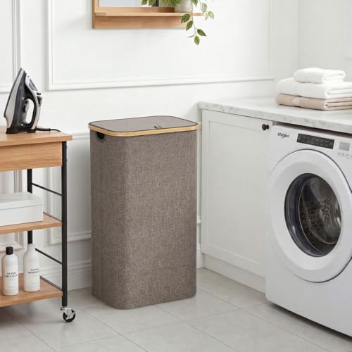 Lifewit 105L Large Laundry Basket with Lid, Removable Bags, Brown - Image 2