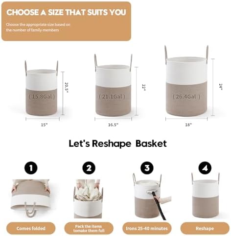 Laundry Basket Hamper Tall Rope Storage Woven for Blanket toys Dirty Clothes in Living Room Bathroom Bedroom (White&Brown, 80L/21.3Gal) - Image 3