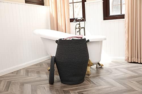 26"x20" Extra Large Tall Woven Laundry Basket with Lid, Cotton Rope Blanket Storage Basket, Freestanding Decorative Bin for Bedroom Living Room, Black & Grey Mix - Image 4