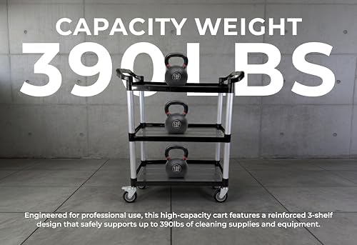 Commercial 3-Shelf Rolling Service Utility Cart | Capacity 390 lbs. | 37" x 34" x 16" | Black - Image 4