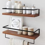 Wood Floating Shelves Wall Mounted - 2+1 Tier Rustic Bathroom Wall Shelves Over Toilet with Towel Bar, Natural Wood Set of 2 Farmhouse Floating Shelf for Bathroom, Kitchen, Bedroom, Dark Brown by LUDORU