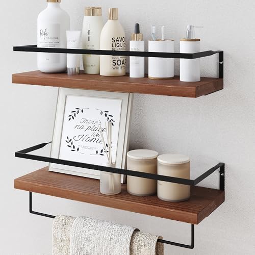 Wood Floating Shelves Wall Mounted - 2+1 Tier Rustic Bathroom Wall Shelves Over Toilet with Towel Bar, Natural Wood Set of 2 Farmhouse Floating Shelf for Bathroom, Kitchen, Bedroom, Dark Brown by LUDORU